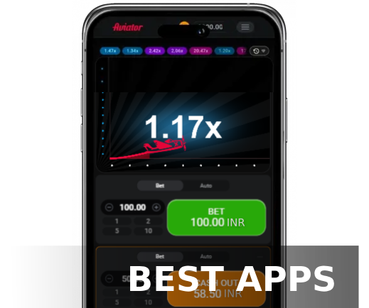 A smartphone displaying Aviator game with betting options, and text 'Best apps'