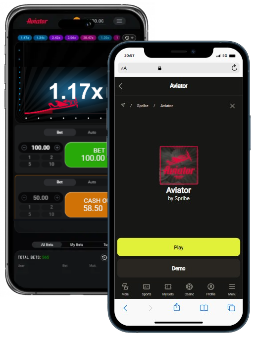 Two smartphones displaying casino site with to play Aviator Demo mode