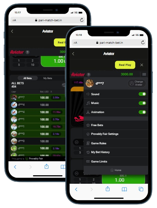 Two smartphones displaying Aviator game statistics panel and settings configuration