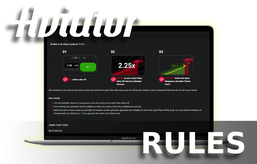 A laptop displays instruction how to play game with Aviator logo and word 'Rules'