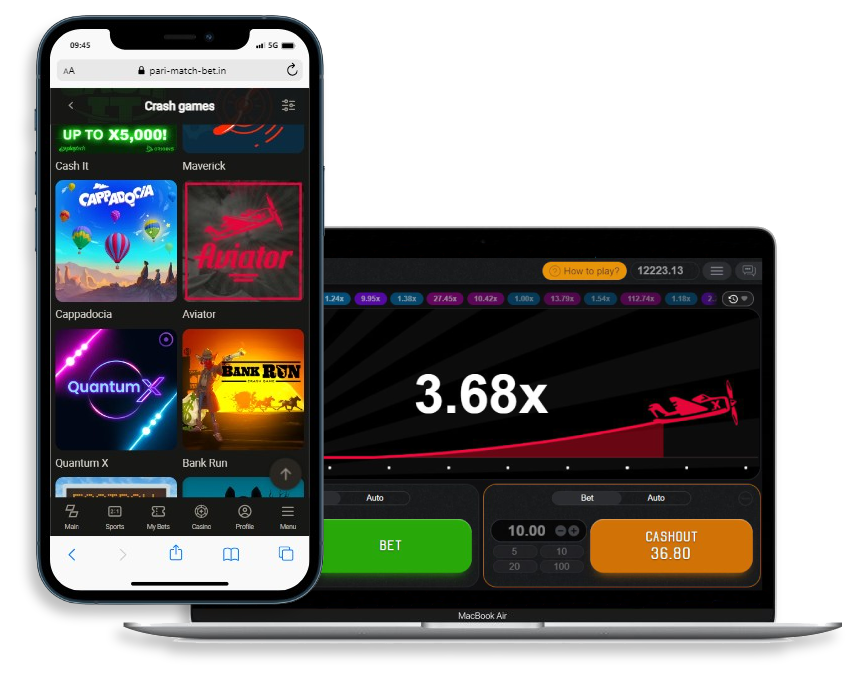 A laptop displaying Aviator game and a smartphone with casino games library