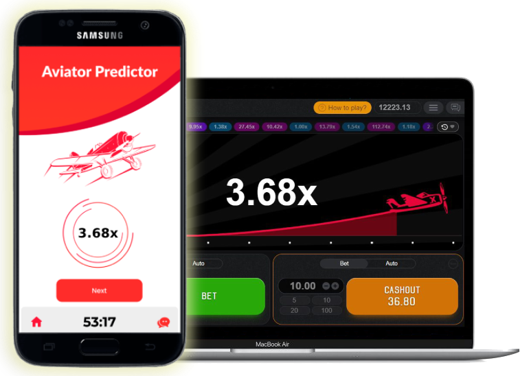 A laptop displaying Aviator game, and a smartphone with Predictor app