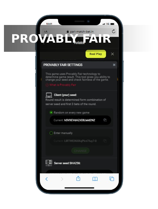 A smartphone displays Aviator Provably fair settings