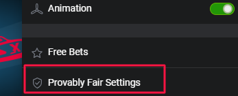 A screenshot of the Aviator game settings menu with highlighted 'Provably fair'