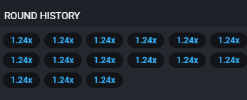 A screenshot of the Aviator game displaying Round history coefficients