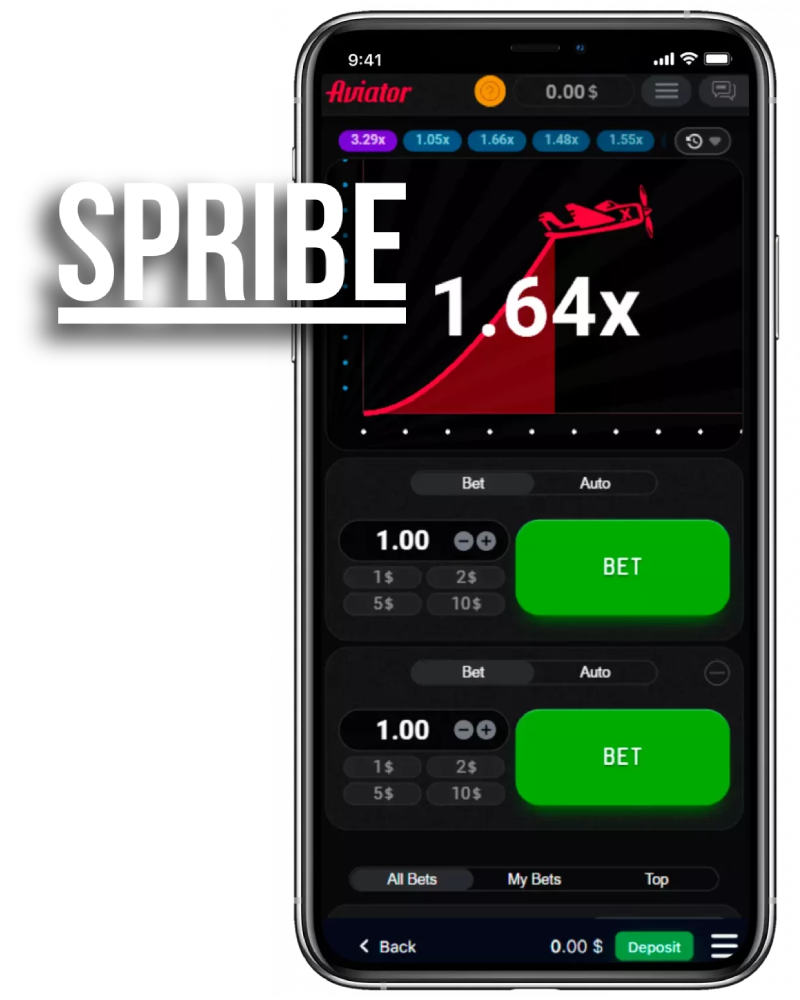 A smartphone displaying Aviator game with Spribe logo