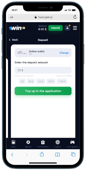 A smartphone displays casino deposit section with UPI top up panel
