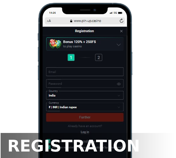 A smartphone displaying casino sign up panel, and a word 'Registration'