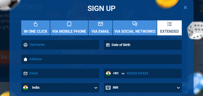 Online casino sign up form with highlighted 'Extended'