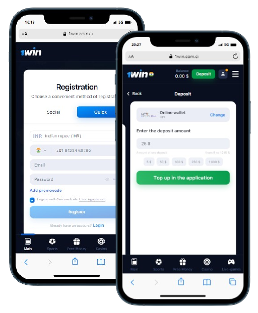 Two smartphones displaying casino site with registration form and Deposit panel